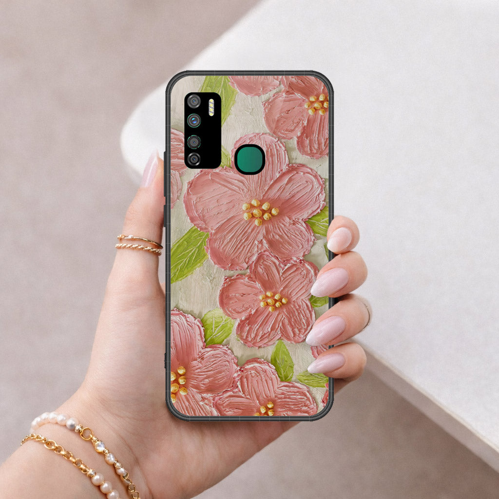 Infinix Note 7 Lite Cover - Floral Series - Design 9 - Pink & Green - HQ Ultra Shine Premium Infinity Glass Soft Silicon Borders Case