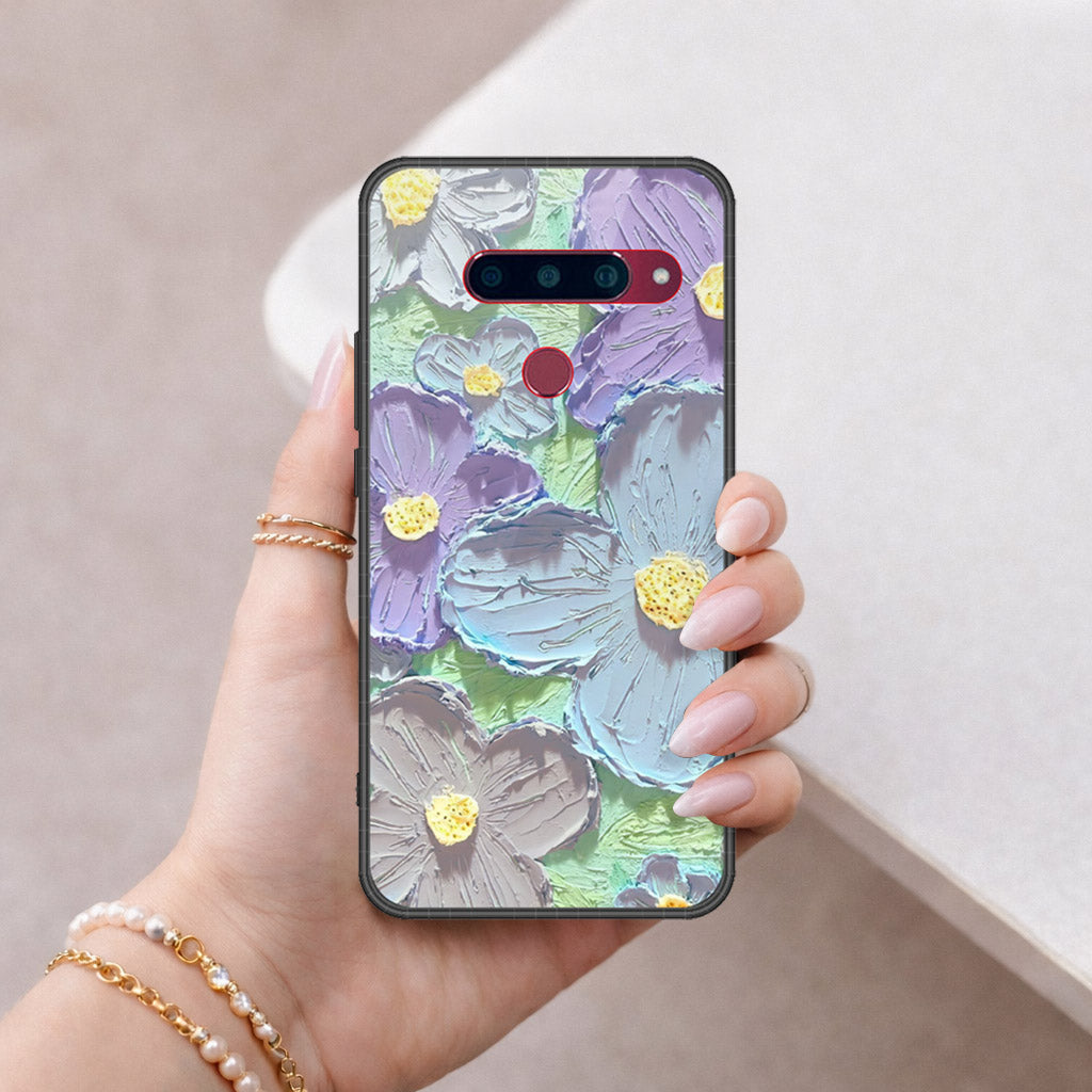 LG V40 Thinq Cover - Floral Series - Design 1 - Purple & Aqua - HQ Ultra Shine Premium Infinity Glass Soft Silicon Borders Case