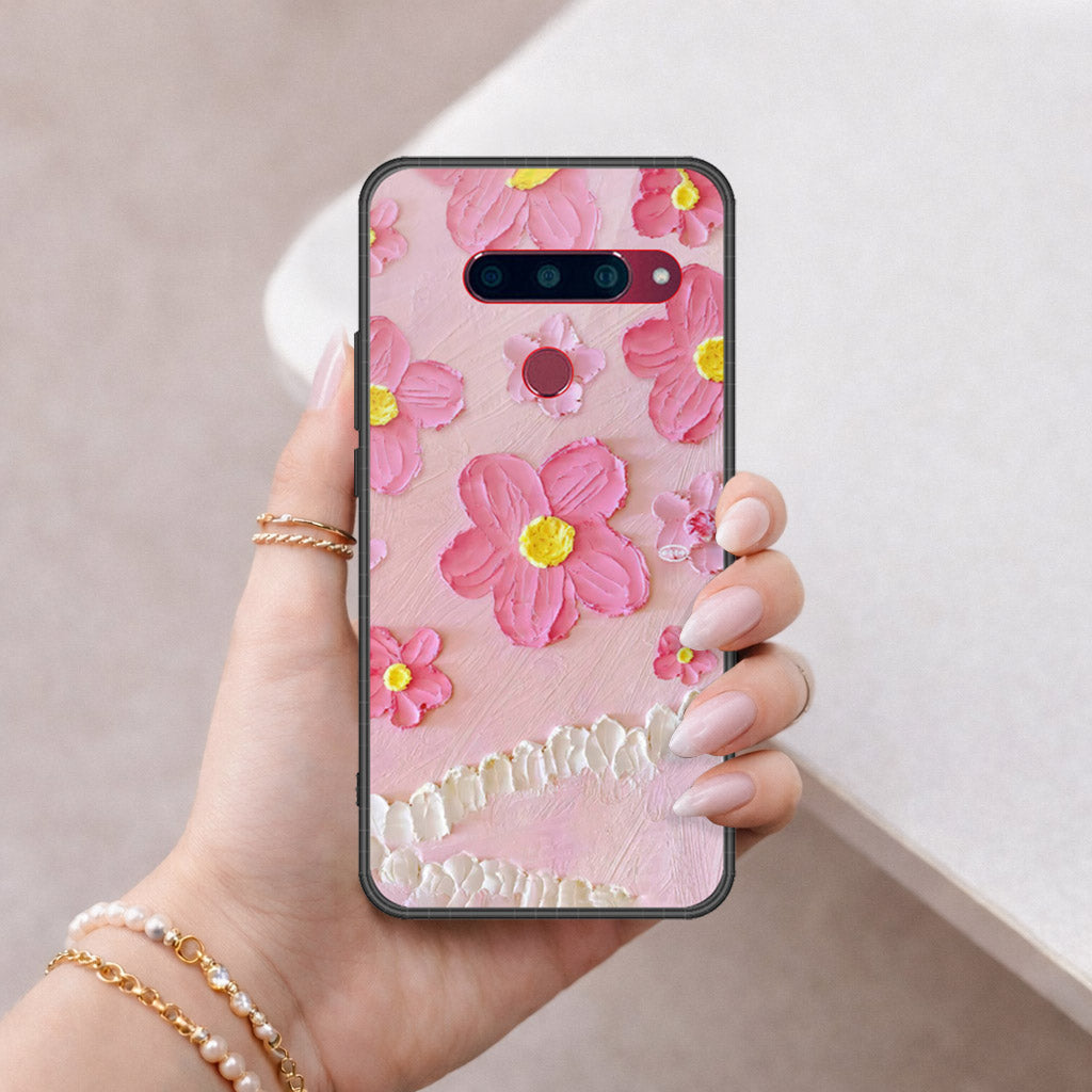 LG V40 Thinq Cover - Floral Series - Design 2 - Pink - HQ Ultra Shine Premium Infinity Glass Soft Silicon Borders Case