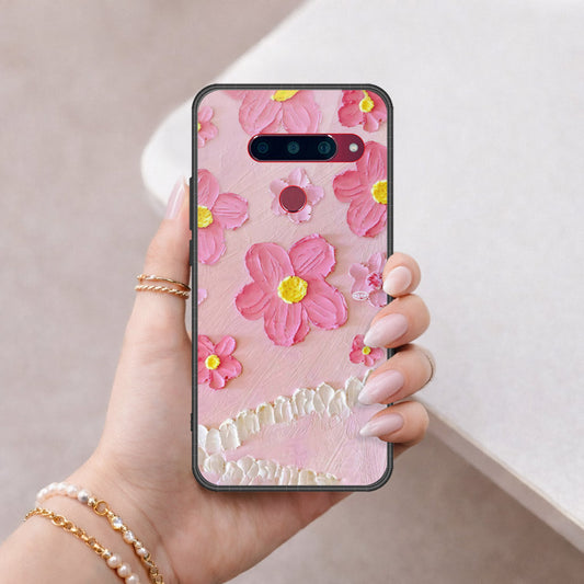 LG V40 Thinq Cover - Floral Series - Design 2 - Pink - HQ Ultra Shine Premium Infinity Glass Soft Silicon Borders Case