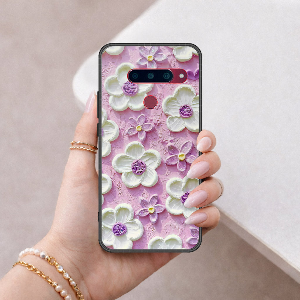 LG V40 Thinq Cover - Floral Series - Design 4 - Purple & White - HQ Ultra Shine Premium Infinity Glass Soft Silicon Borders Case