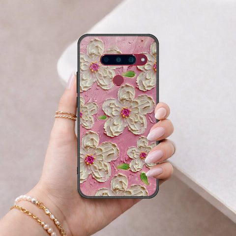 LG V40 Thinq Cover - Floral Series - Design 5 - Pink & White - HQ Ultra Shine Premium Infinity Glass Soft Silicon Borders Case