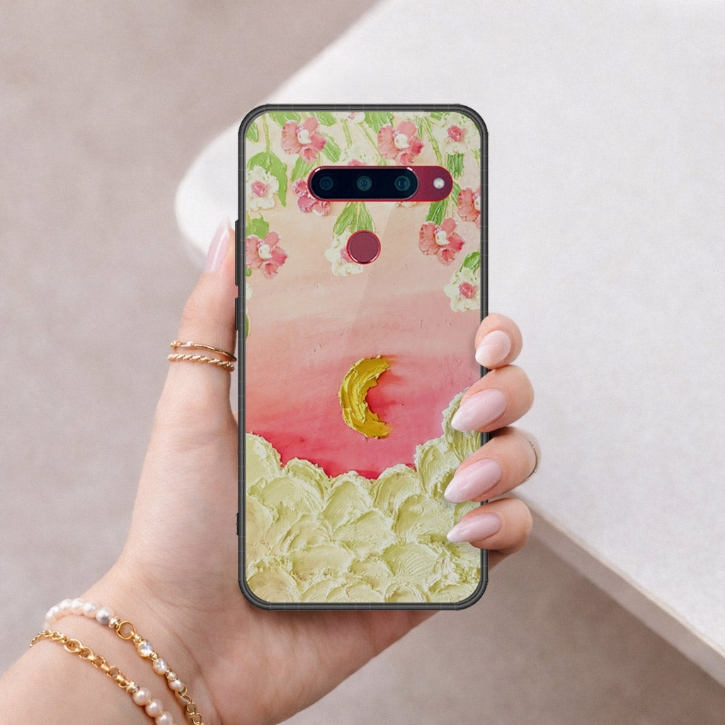 LG V40 Thinq Cover - Floral Series - Design 7 - Pink & Yellow - HQ Ultra Shine Premium Infinity Glass Soft Silicon Borders Case