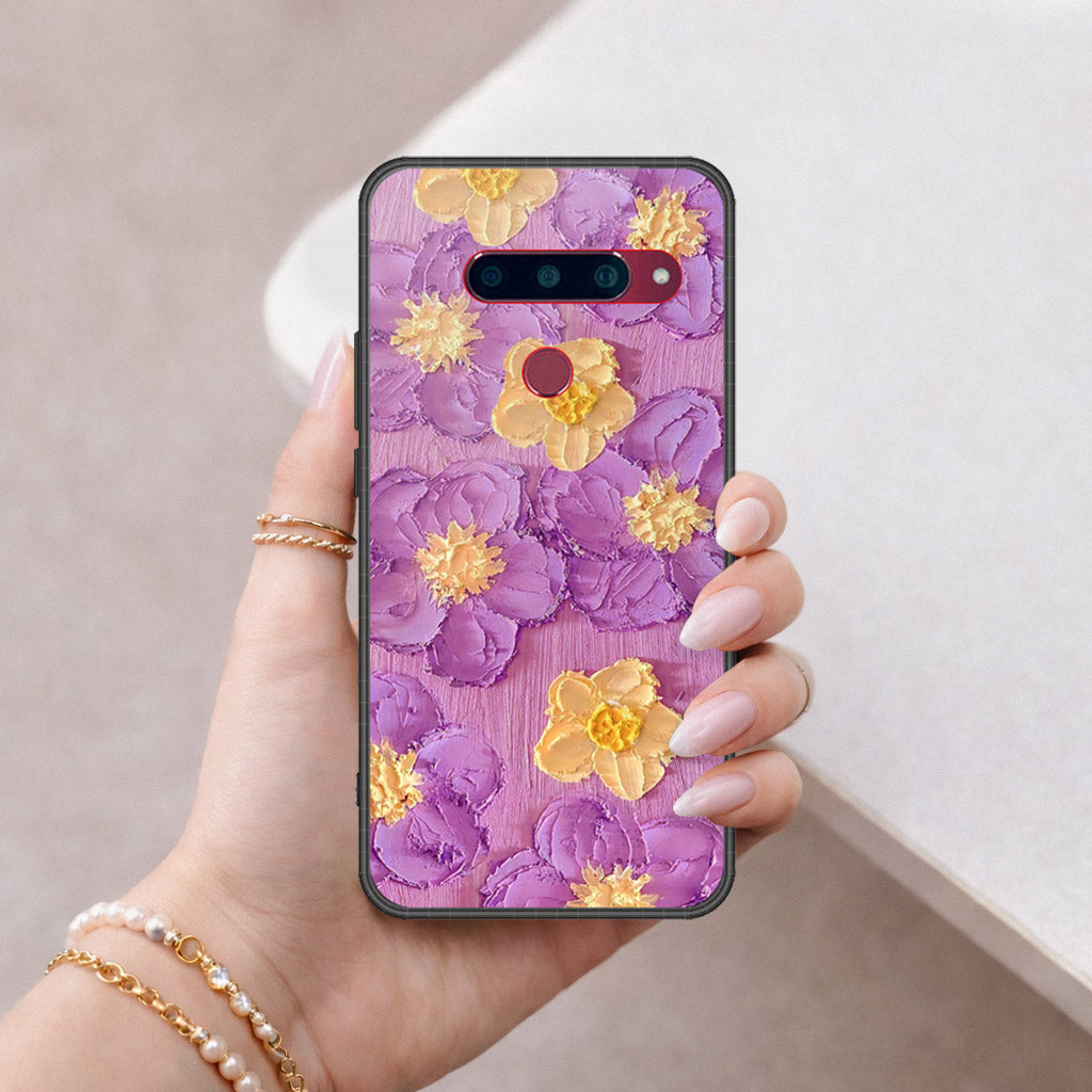 LG V40 Thinq Cover - Floral Series - Design 8 - Purple & Yellow - HQ Ultra Shine Premium Infinity Glass Soft Silicon Borders Case