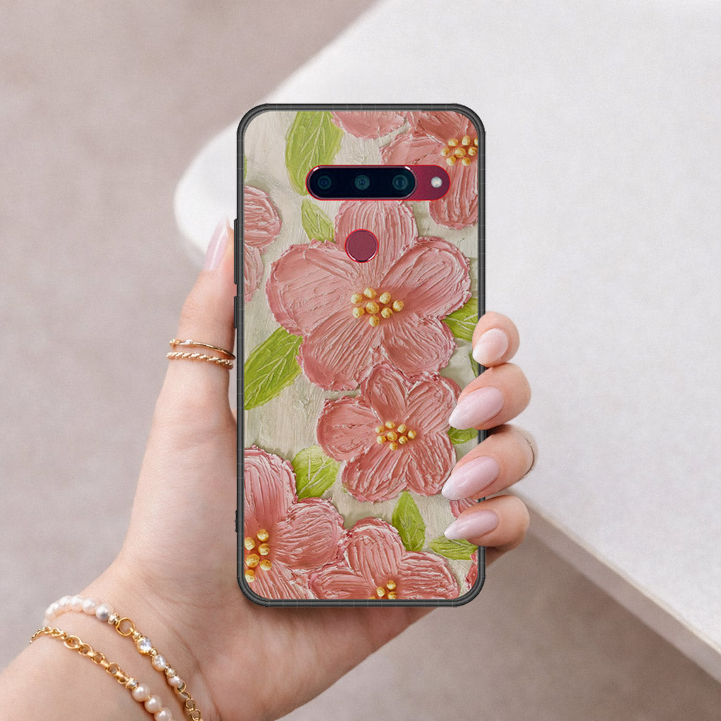 LG V40 Thinq Cover - Floral Series - Design 9 - Pink & Green - HQ Ultra Shine Premium Infinity Glass Soft Silicon Borders Case