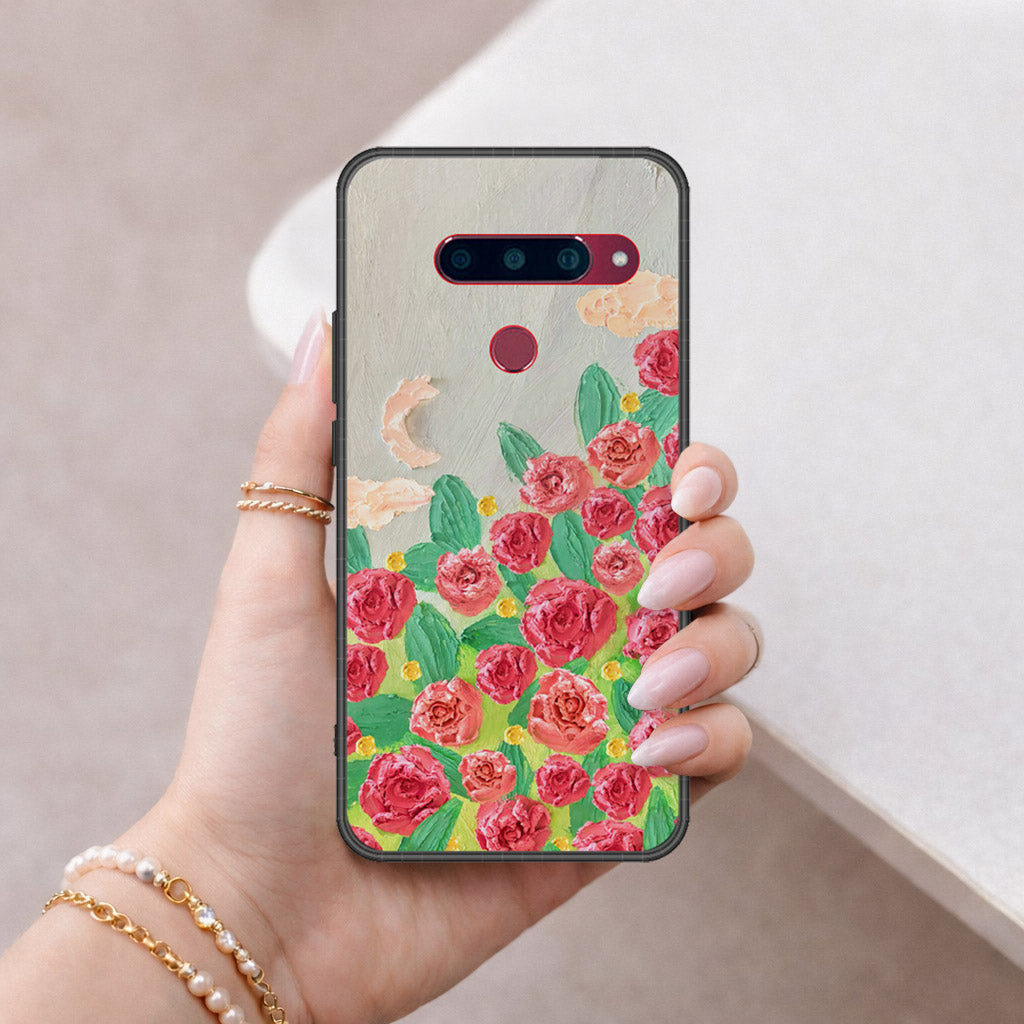 LG V40 Thinq Cover - Floral Series - Design 10 - Red & Green - HQ Ultra Shine Premium Infinity Glass Soft Silicon Borders Case