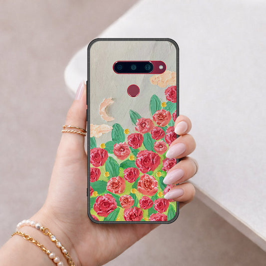 LG V40 Thinq Cover - Floral Series - Design 10 - Red & Green - HQ Ultra Shine Premium Infinity Glass Soft Silicon Borders Case