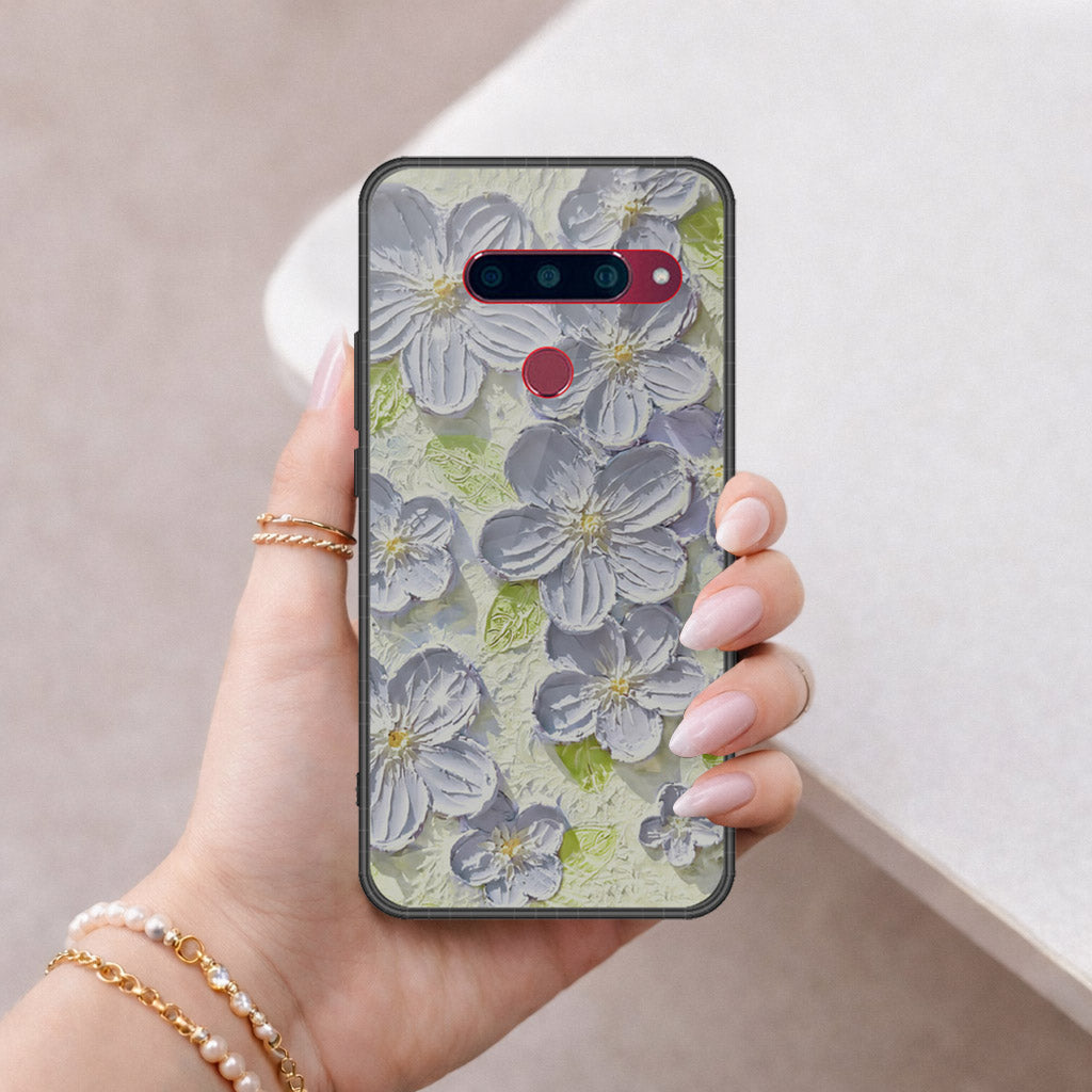 LG V40 Thinq Cover - Floral Series - Design 12 - Grey & Green - HQ Ultra Shine Premium Infinity Glass Soft Silicon Borders Case