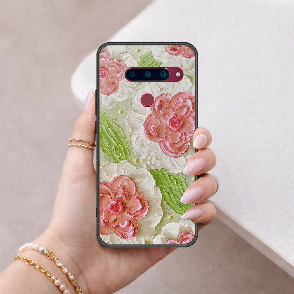 LG V40 Thinq Cover - Floral Series - Design 13 - Offwhite & Green - HQ Ultra Shine Premium Infinity Glass Soft Silicon Borders Case