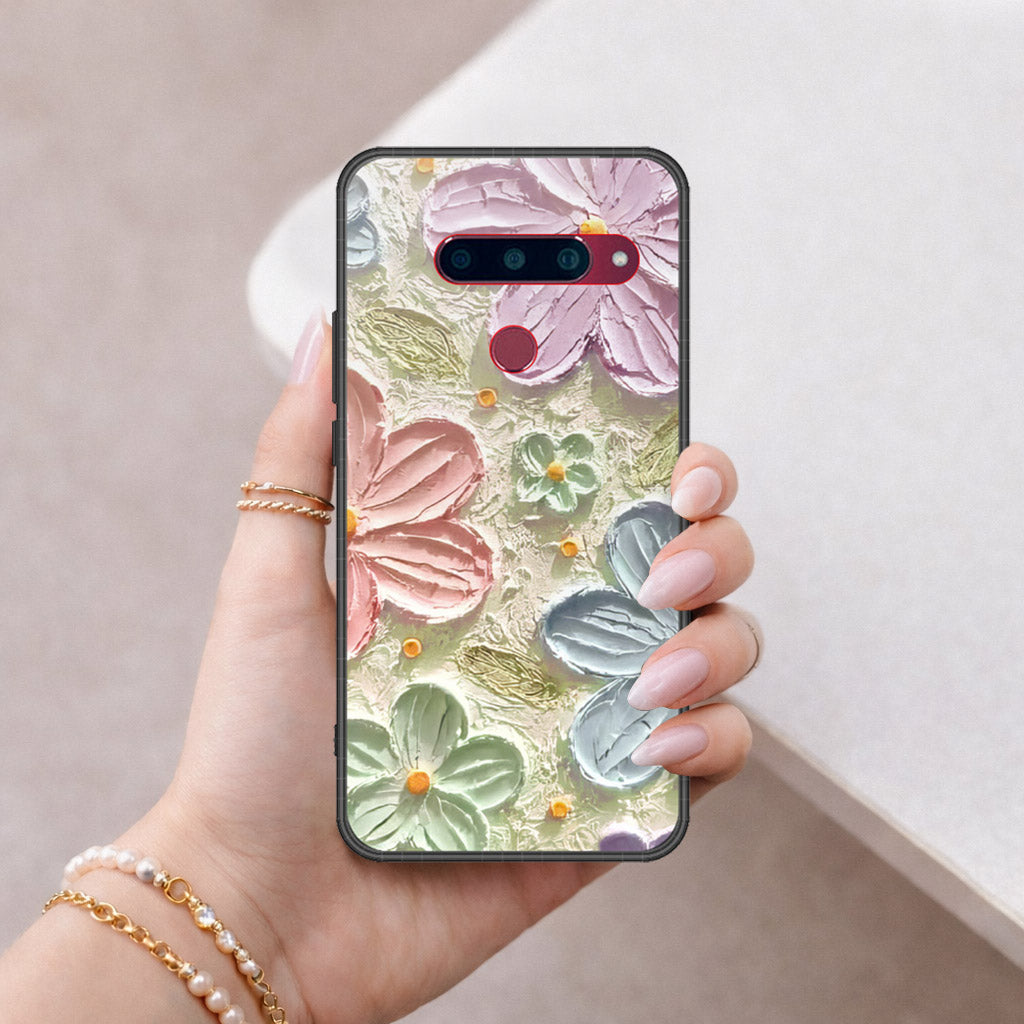 LG V40 Thinq Cover - Floral Series - Design 15 - Blue & Green - HQ Ultra Shine Premium Infinity Glass Soft Silicon Borders Case