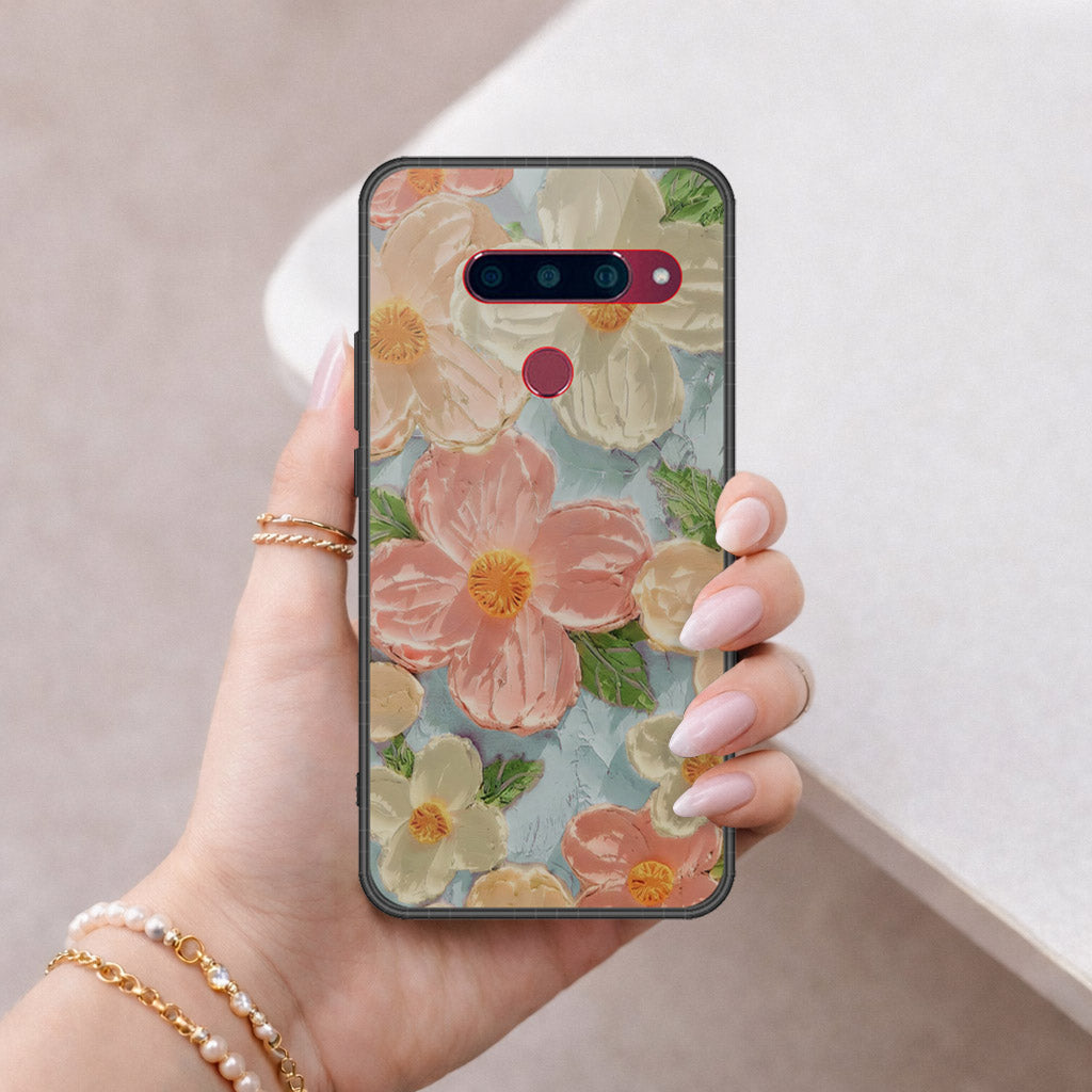 LG V40 Thinq Cover - Floral Series - Design 16 - Cyan & Pink - HQ Ultra Shine Premium Infinity Glass Soft Silicon Borders Case