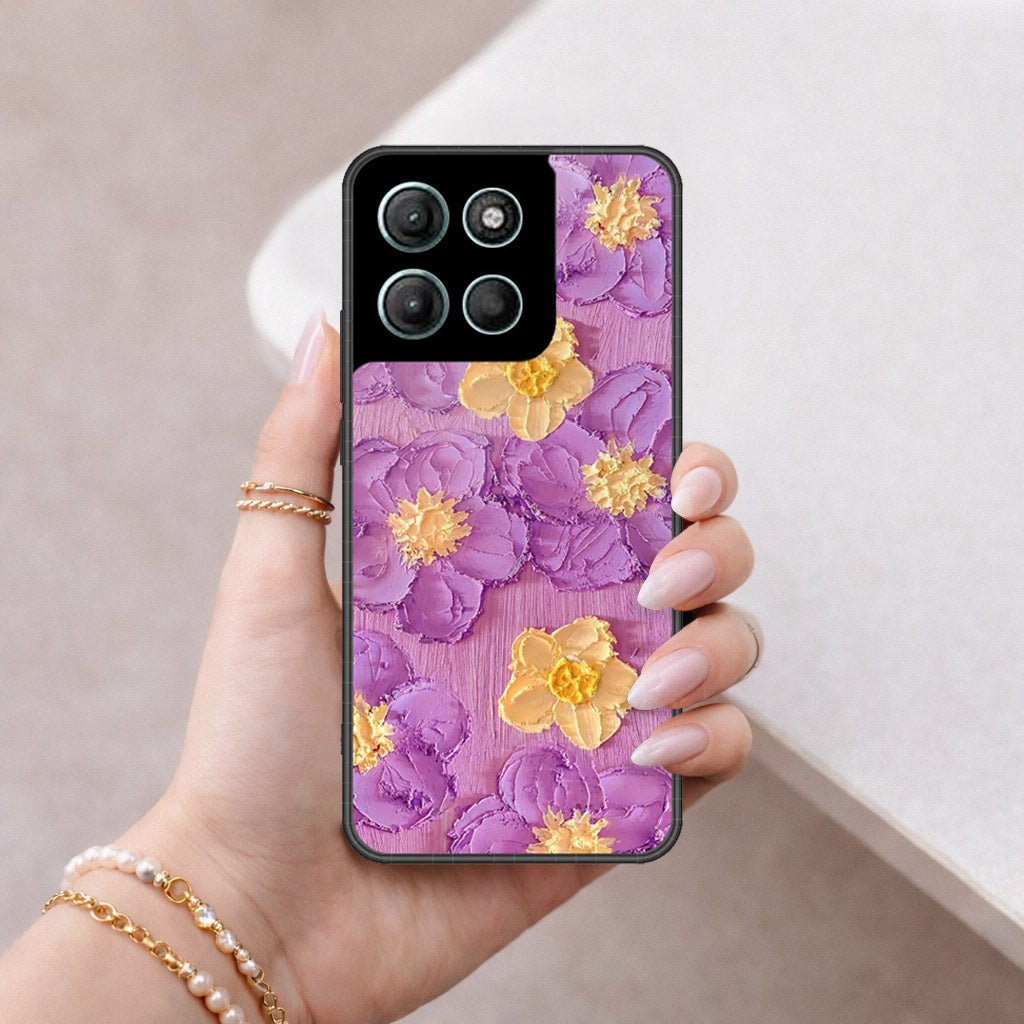 Motorola Moto G15 Cover - Floral Series - Design 8 - Purple & Yellow - HQ Ultra Shine Premium Infinity Glass Soft Silicon Borders Case