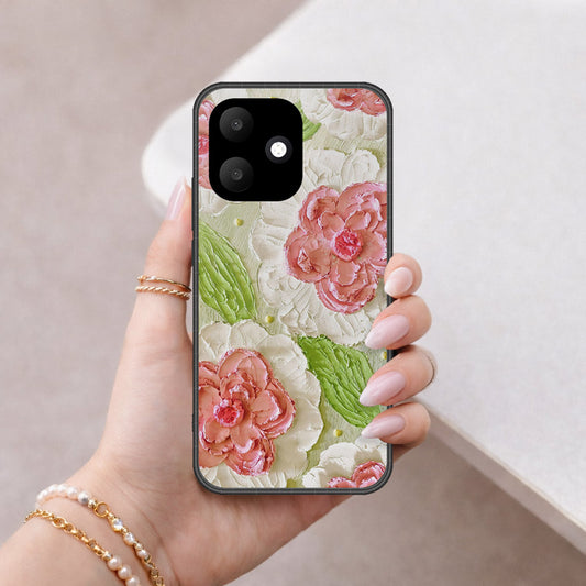 Oppo A6c Cover - Floral Series - Design 13 - Offwhite & Green - HQ Ultra Shine Premium Infinity Glass Soft Silicon Borders Case