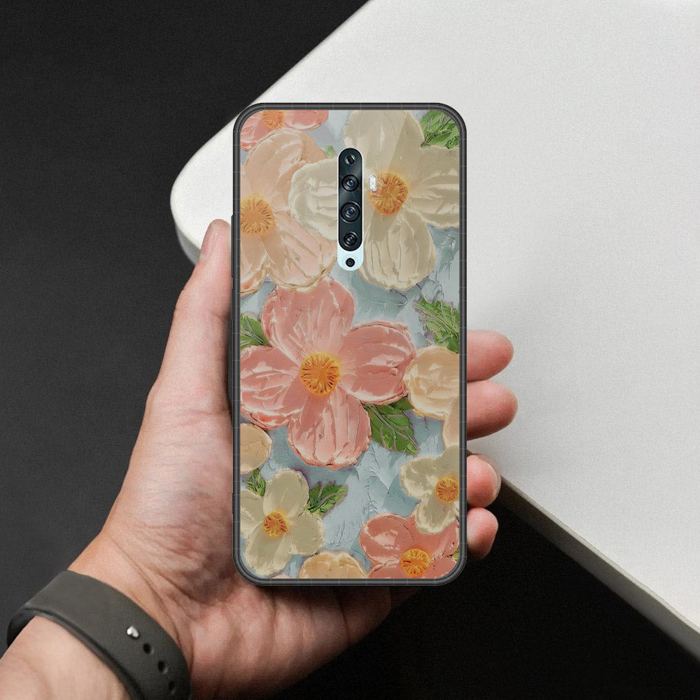 Oppo Reno 2 Cover - Floral Series - Design 16 - Cyan & Pink - HQ Premium Shine Durable Shatterproof Case