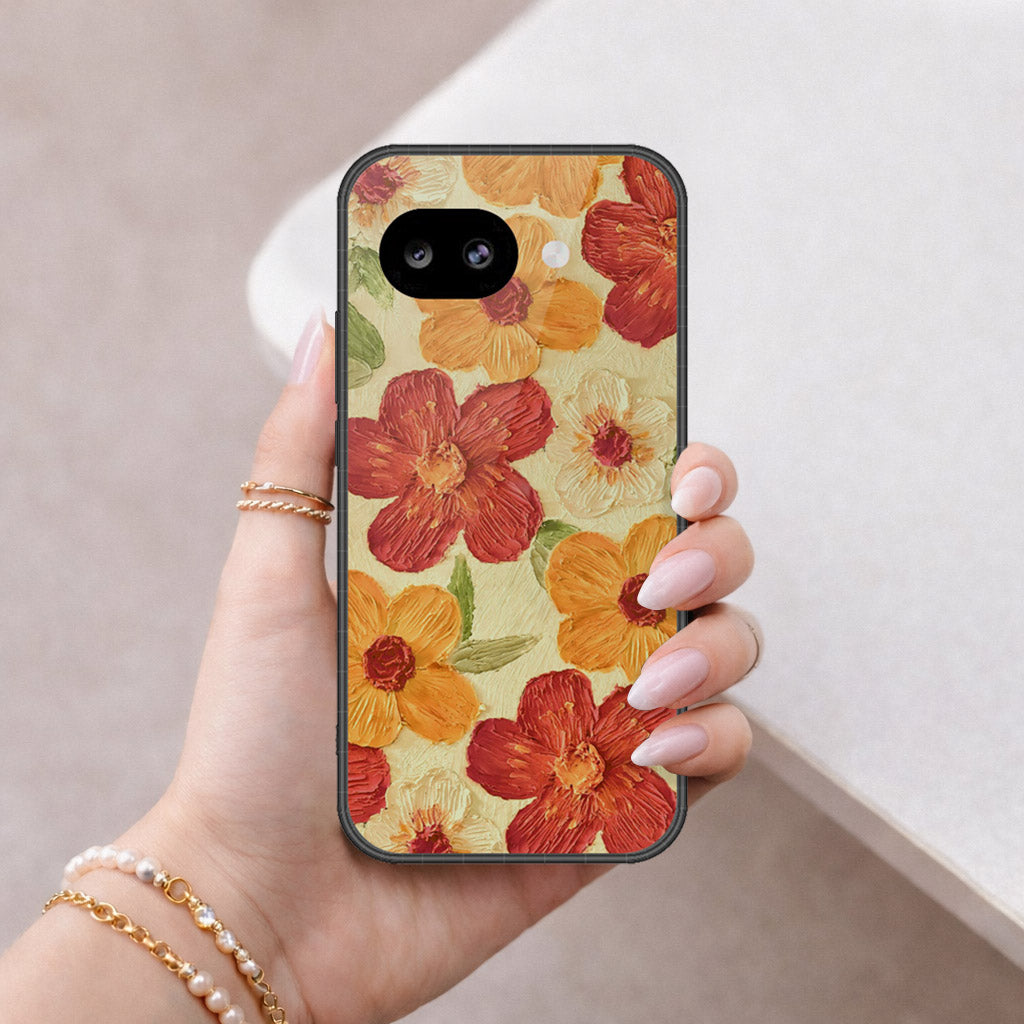 Google Pixel 10a Cover - Floral Series - Design 6 - Red & Orange - HQ Ultra Shine Premium Infinity Glass Soft Silicon Borders Case