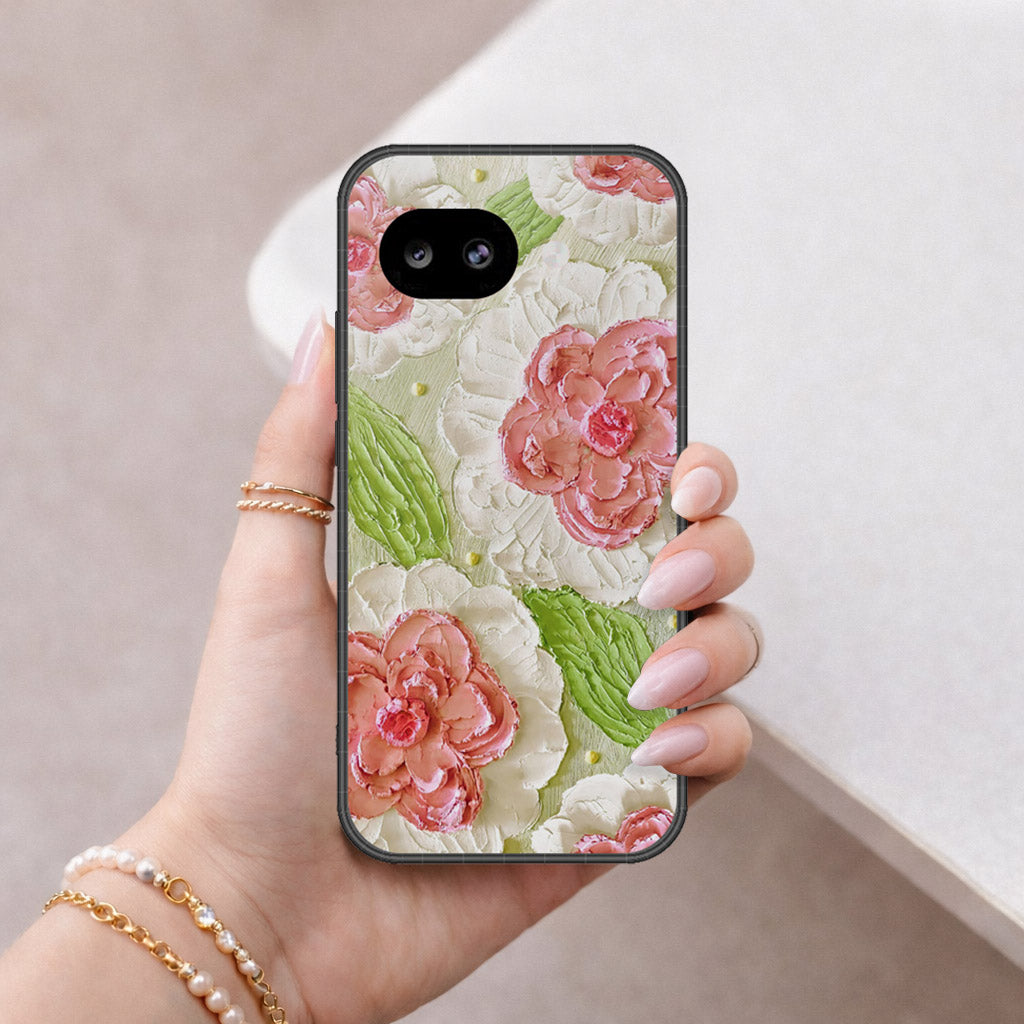 Google Pixel 10a Cover - Floral Series - Design 13 - Offwhite & Green - HQ Ultra Shine Premium Infinity Glass Soft Silicon Borders Case