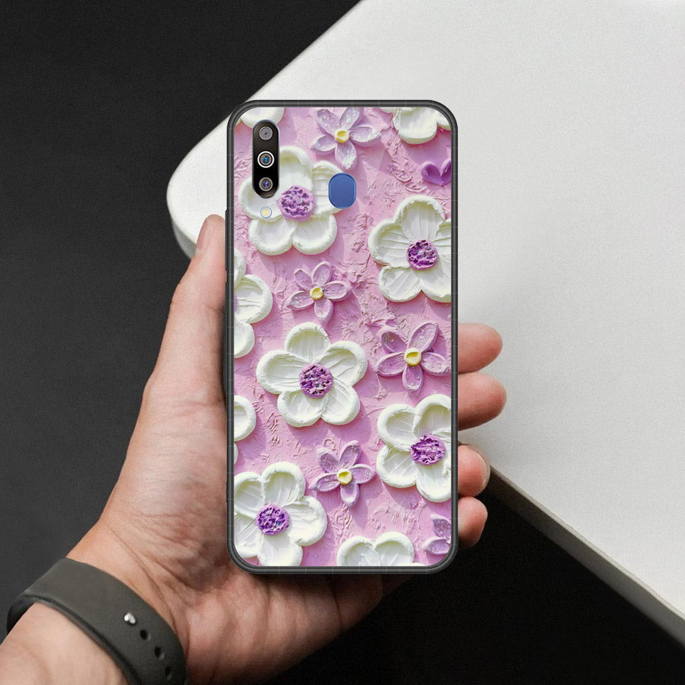Samsung Galaxy M30 Cover - Floral Series - Design 4 - Purple & White - HQ Premium Shine Durable Shatterproof Case