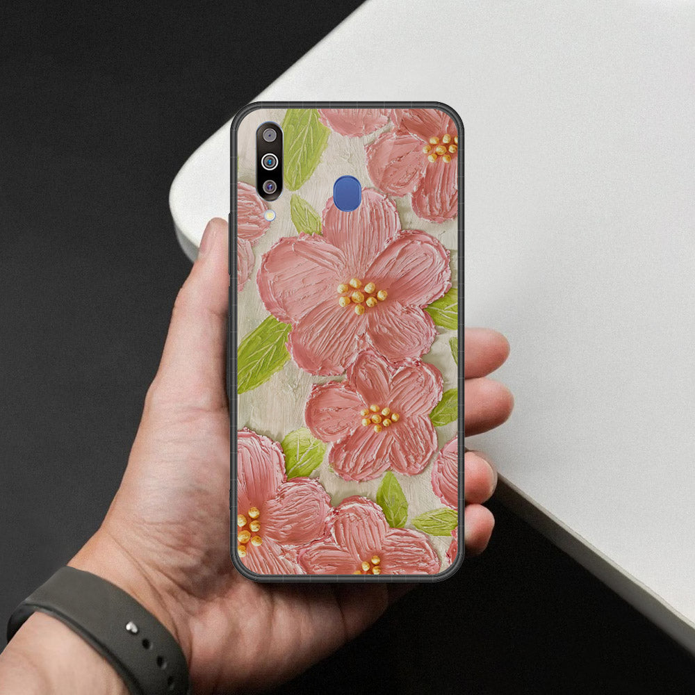 Samsung Galaxy M30 Cover - Floral Series - Design 9 - Pink & Green - HQ Premium Shine Durable Shatterproof Case