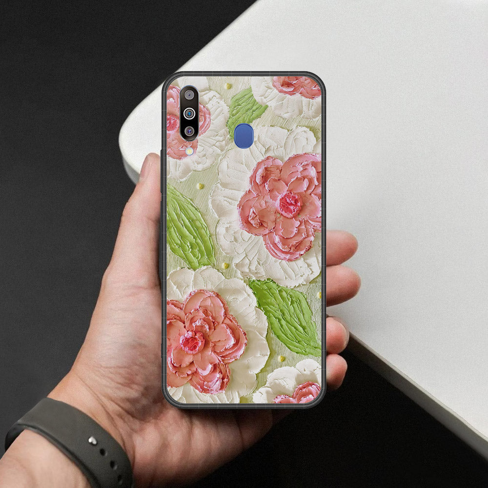 Samsung Galaxy M30 Cover - Floral Series - Design 13 - Offwhite & Green - HQ Premium Shine Durable Shatterproof Case