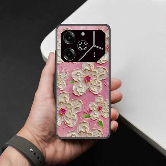 Tecno Pova 6 Cover - Floral Series - Design 5 - Pink & White - HQ Ultra Shine Premium Infinity Glass Soft Silicon Borders Case