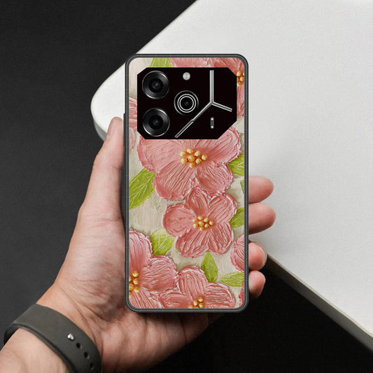 Tecno Pova 6 Cover - Floral Series - Design 9 - Pink & Green - HQ Ultra Shine Premium Infinity Glass Soft Silicon Borders Case
