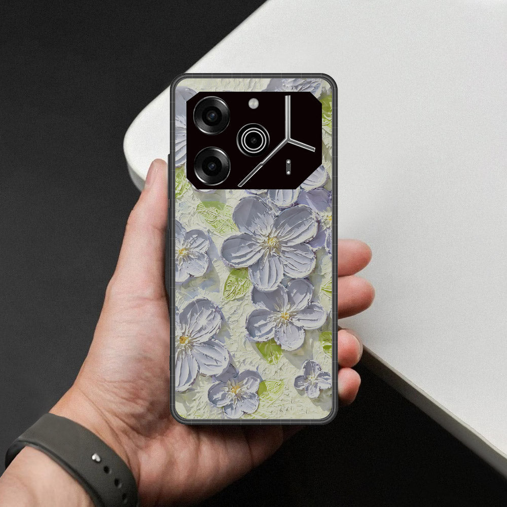 Tecno Pova 6 Cover - Floral Series - Design 12 - Grey & Green - HQ Ultra Shine Premium Infinity Glass Soft Silicon Borders Case