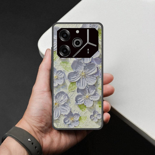Tecno Pova 6 Cover - Floral Series - Design 12 - Grey & Green - HQ Ultra Shine Premium Infinity Glass Soft Silicon Borders Case
