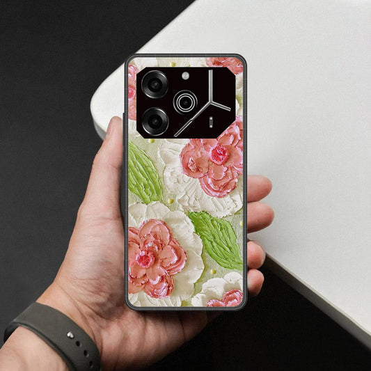 Tecno Pova 6 Cover - Floral Series - Design 13 - Offwhite & Green - HQ Ultra Shine Premium Infinity Glass Soft Silicon Borders Case