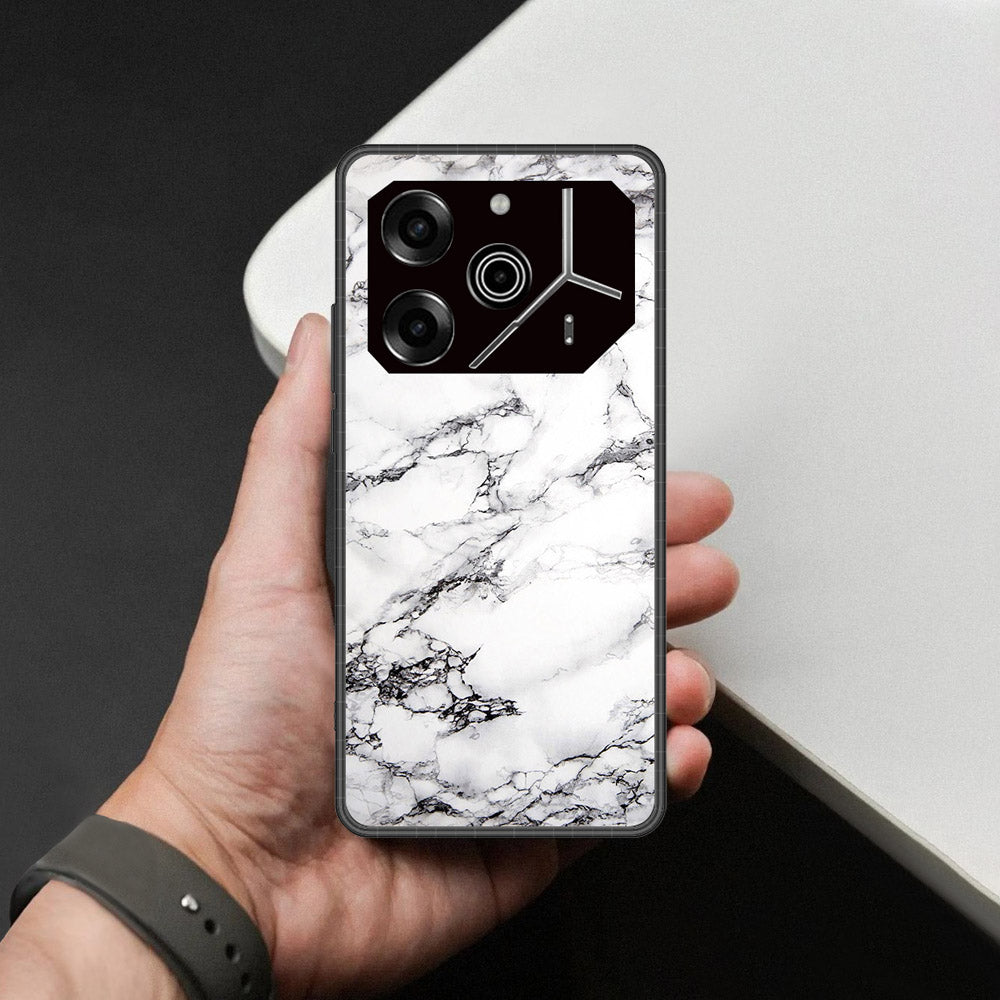 Tecno Pova 6 - White Marble Series - HQ Ultra Shine Premium Infinity Glass Soft Silicon Borders Case