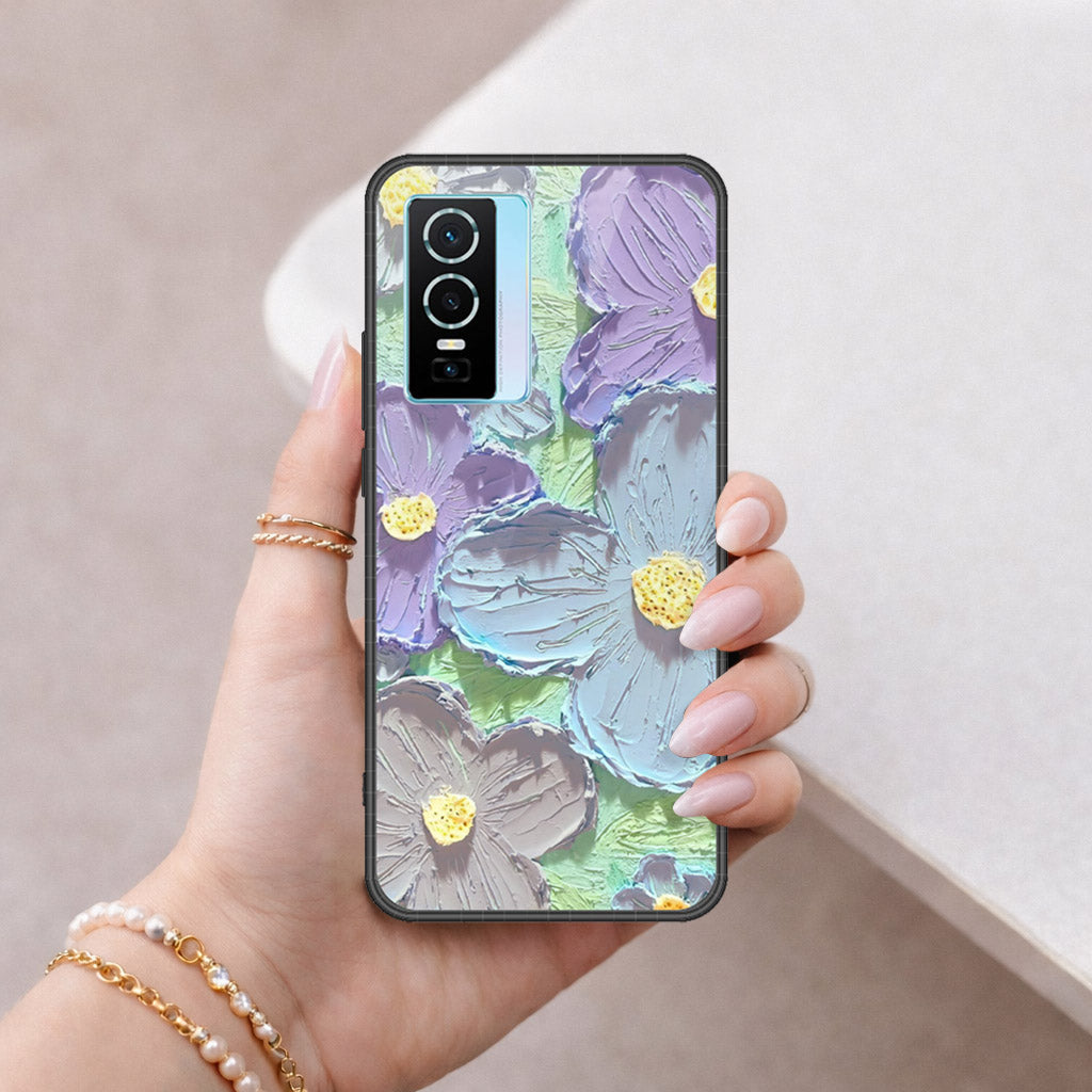 Vivo Y76s Cover - Floral Series - Design 1 - Purple & Aqua - HQ Premium Shine Durable Shatterproof Case
