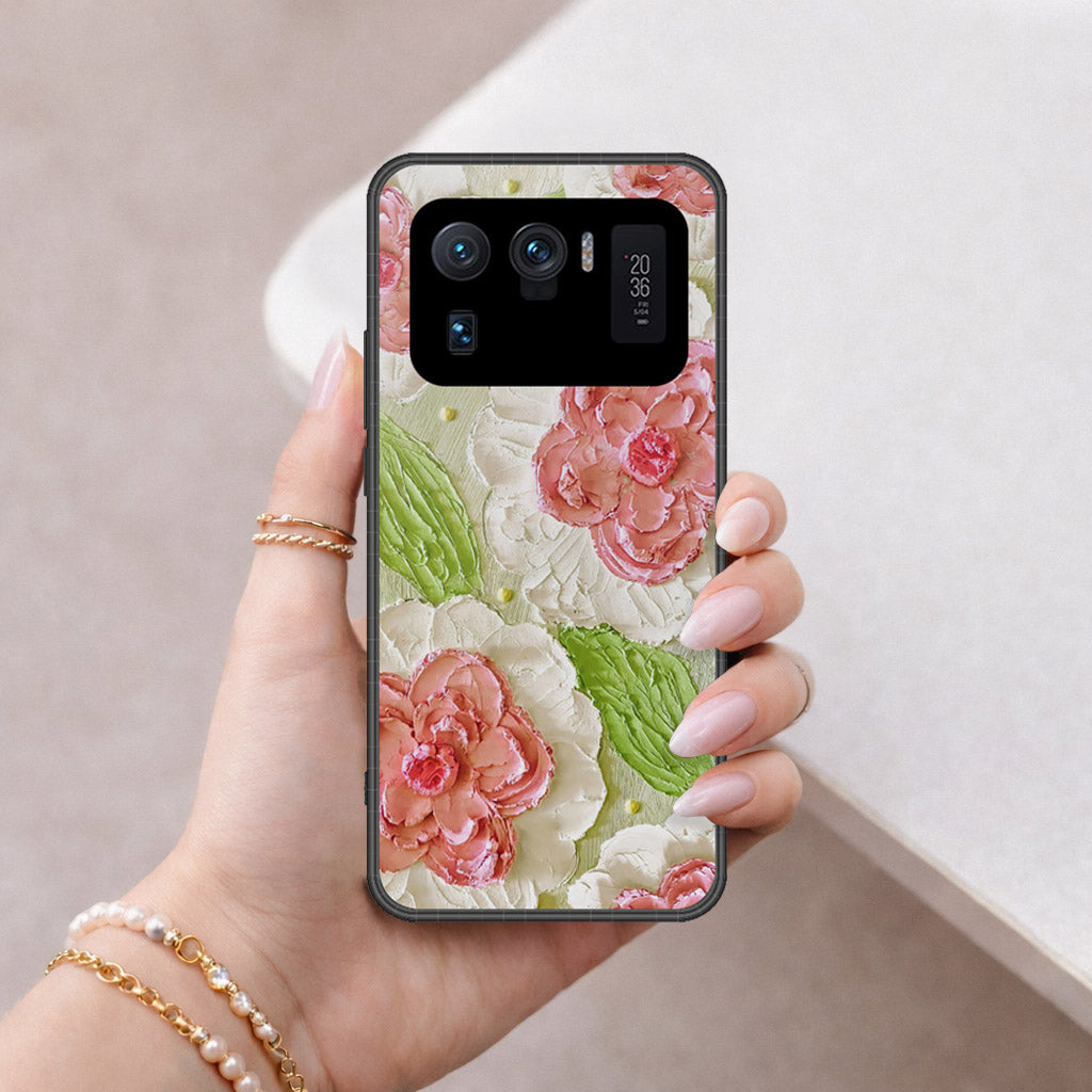 Xiaomi Mi 11 Ultra Cover - Floral Series - Design 13 - Offwhite & Green - HQ Ultra Shine Premium Infinity Glass Soft Silicon Borders Case