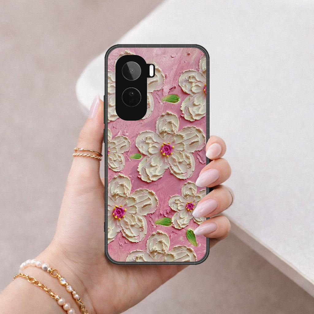 Vivo Y500 Cover - Floral Series - Design 5 - Pink & White - HQ Ultra Shine Premium Infinity Glass Soft Silicon Borders Case