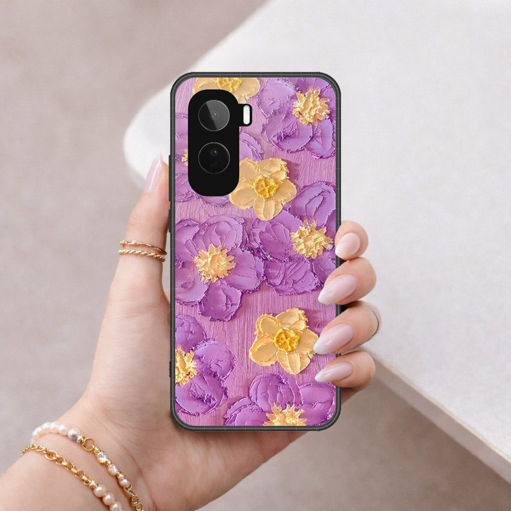 Vivo Y500 Cover - Floral Series - Design 8 - Purple & Yellow - HQ Ultra Shine Premium Infinity Glass Soft Silicon Borders Case