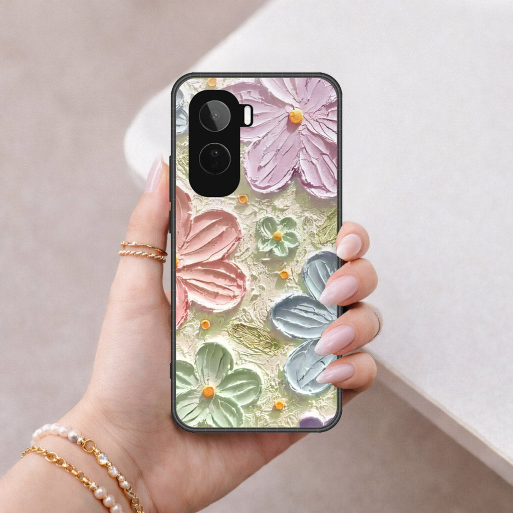 Vivo T5 Pro Cover - Floral Series - Design 15 - Blue & Green - HQ Ultra Shine Premium Infinity Glass Soft Silicon Borders Case