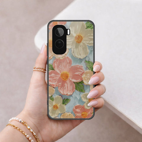 Vivo Y500 Cover - Floral Series - Design 16 - Cyan & Pink - HQ Ultra Shine Premium Infinity Glass Soft Silicon Borders Case