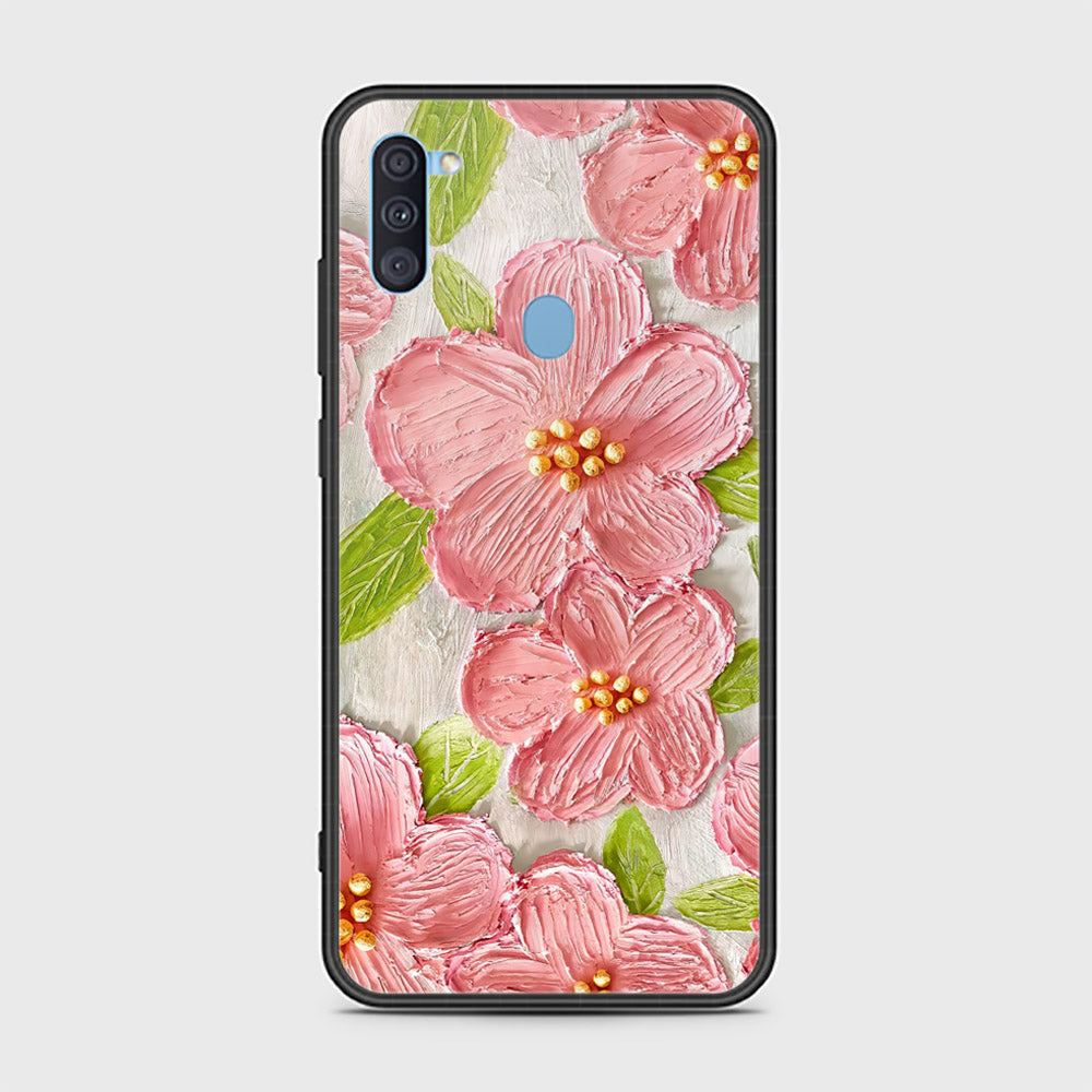 Samsung Galaxy A11 Cover - Floral Series - Design 9 - Pink & Green - HQ Ultra Shine Premium Infinity Glass Soft Silicon Borders Case