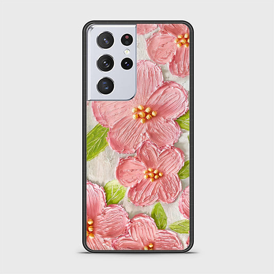 Samsung Galaxy S21 Ultra 5G Cover - Floral Series - Design 9 - Pink & Green - HQ Ultra Shine Premium Infinity Glass Soft Silicon Borders Case
