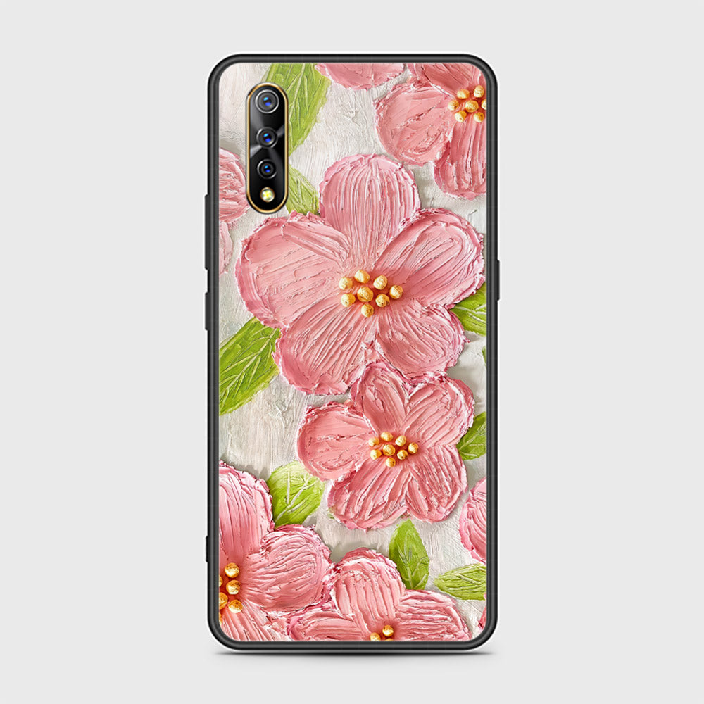 Vivo S1 Cover - Floral Series - Design 9 - Pink & Green - HQ Ultra Shine Premium Infinity Glass Soft Silicon Borders Case