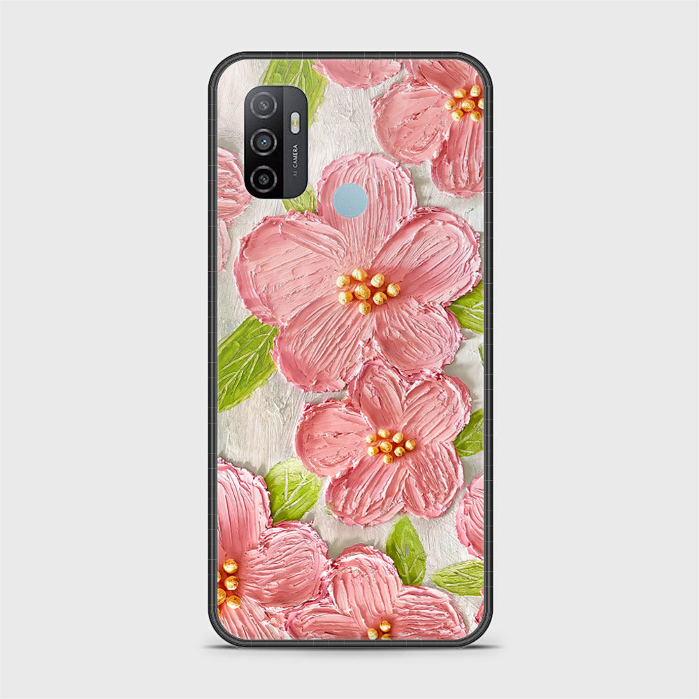 Oppo A53 Cover - Floral Series - Design 9 - Pink & Green - HQ Ultra Shine Premium Infinity Glass Soft Silicon Borders Case