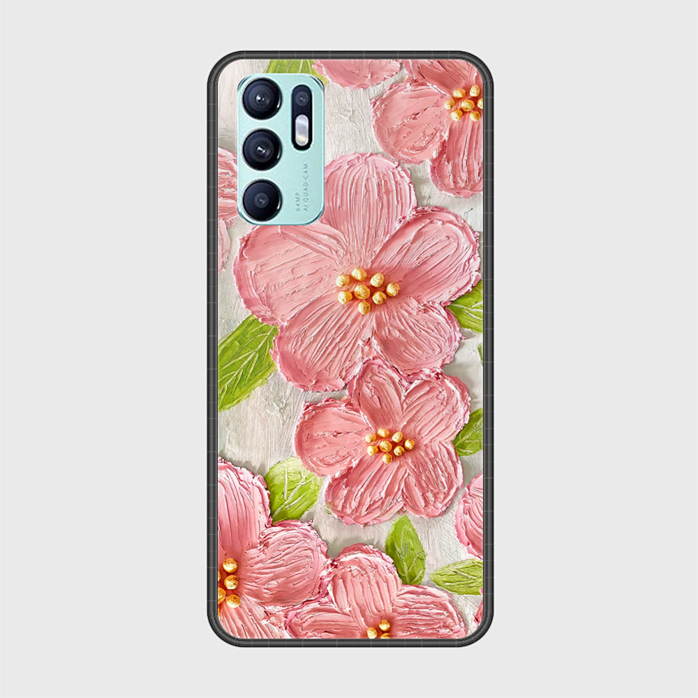 Oppo Reno 6 Cover - Floral Series - Design 9 - Pink & Green - HQ Ultra Shine Premium Infinity Glass Soft Silicon Borders Case