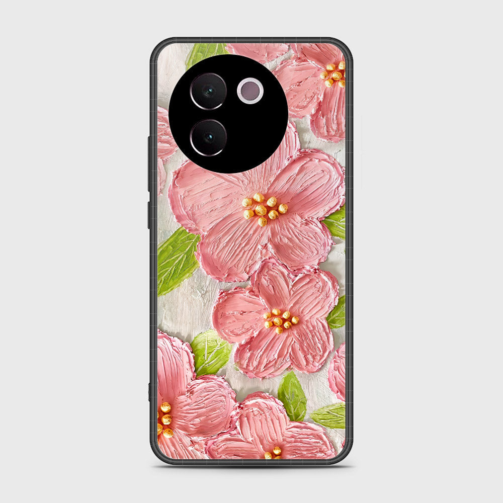 Vivo V30e Cover - Floral Series - Design 9 - Pink & Green - HQ Ultra Shine Premium Infinity Glass Soft Silicon Borders Case