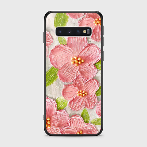 Samsung Galaxy S10 Cover - Floral Series - Design 9 - Pink & Green - HQ Ultra Shine Premium Infinity Glass Soft Silicon Borders Case