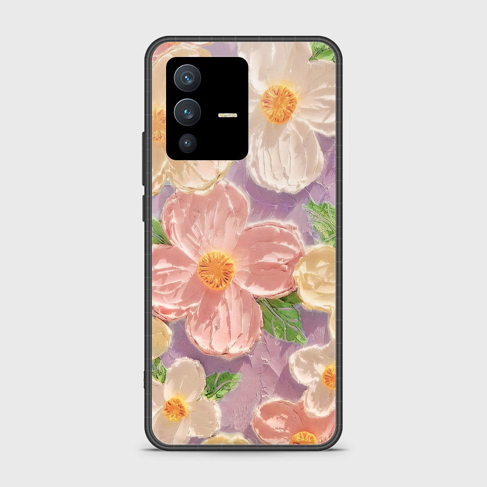 Vivo V23 Cover - Floral Series - Design 11 - White & Green - HQ Ultra Shine Premium Infinity Glass Soft Silicon Borders Case