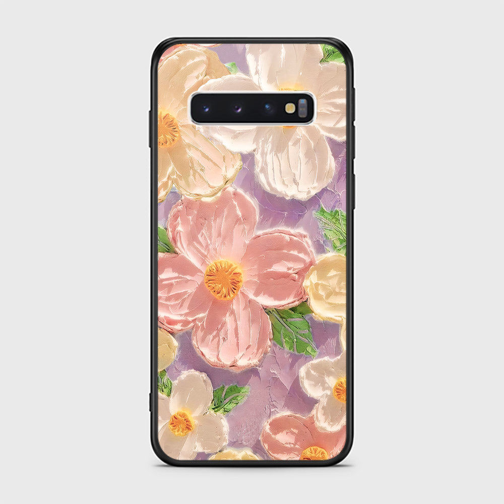 Samsung Galaxy S10 Cover - Floral Series - Design 11 - White & Green - HQ Ultra Shine Premium Infinity Glass Soft Silicon Borders Case