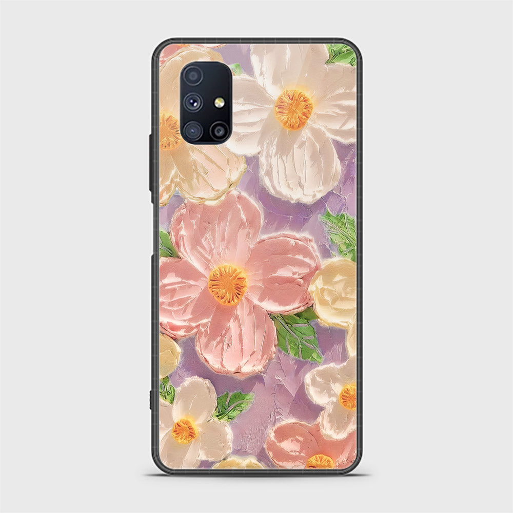 Samsung Galaxy M51 Cover - Floral Series - Design 11 - White & Green - HQ Ultra Shine Premium Infinity Glass Soft Silicon Borders Case