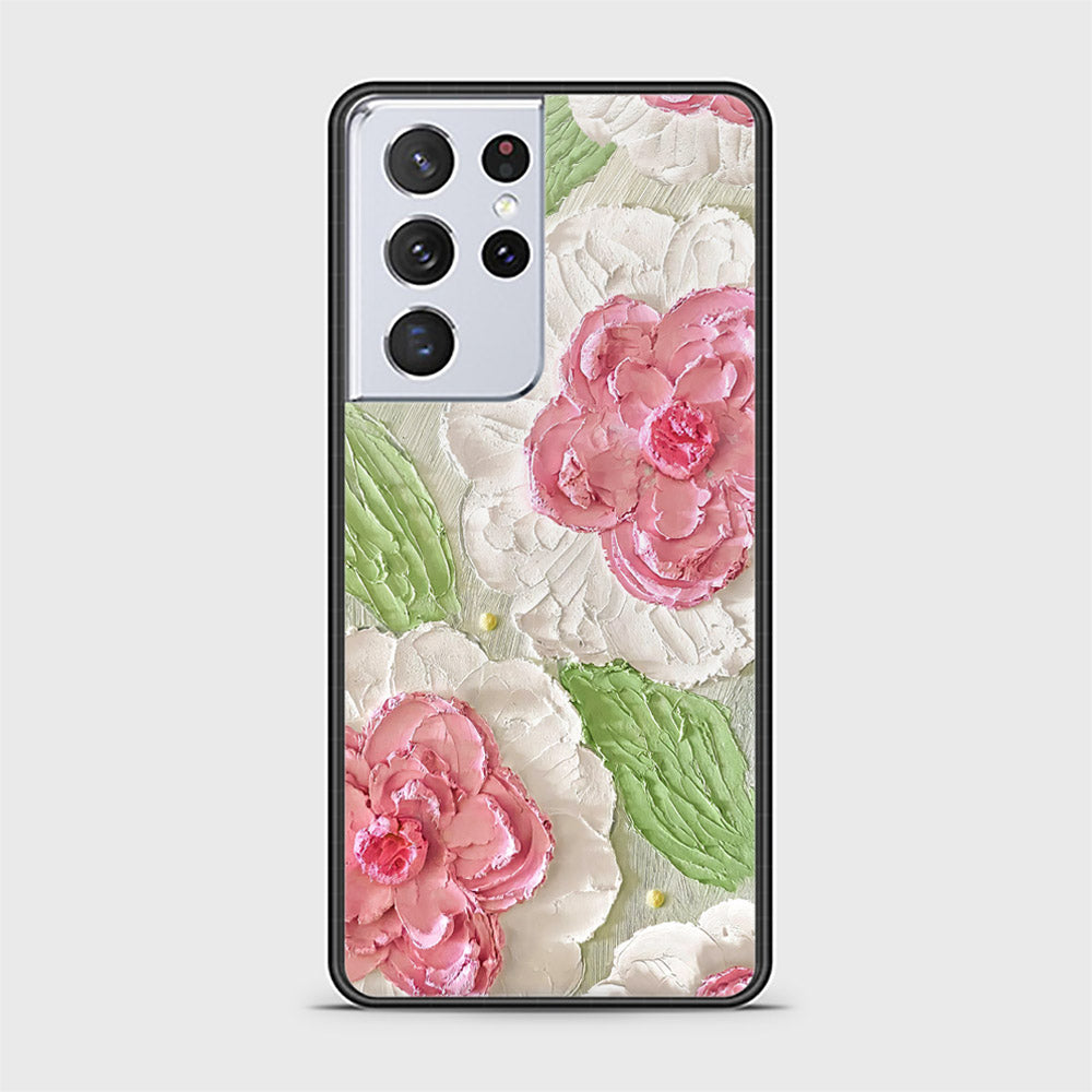 Samsung Galaxy S21 Ultra 5G Cover - Floral Series - Design 13 - Offwhite & Green - HQ Ultra Shine Premium Infinity Glass Soft Silicon Borders Case