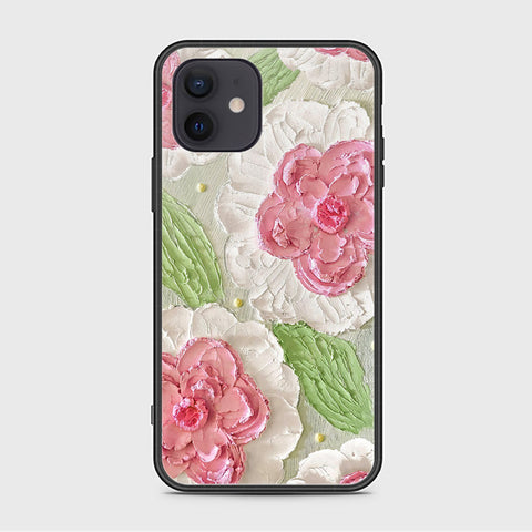 iPhone 12 Mini Cover - Floral Series - Design 13 - Offwhite & Green - HQ Ultra Shine Premium Infinity Glass Soft Silicon Borders Case