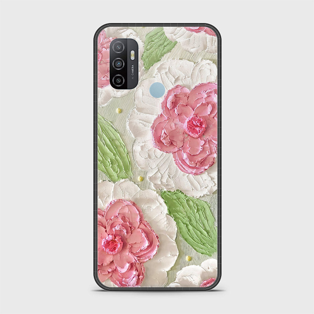 Oppo A53 Cover - Floral Series - Design 13 - Offwhite & Green - HQ Ultra Shine Premium Infinity Glass Soft Silicon Borders Case