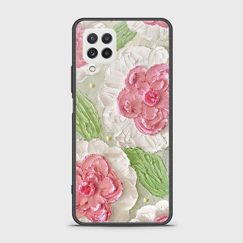 Samsung Galaxy A22 Cover - Floral Series - Design 13 - Offwhite & Green - HQ Ultra Shine Premium Infinity Glass Soft Silicon Borders Case
