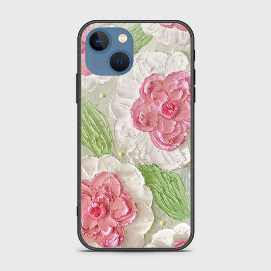 iPhone 13 Cover - Floral Series - Design 13 - Offwhite & Green - HQ Ultra Shine Premium Infinity Glass Soft Silicon Borders Case